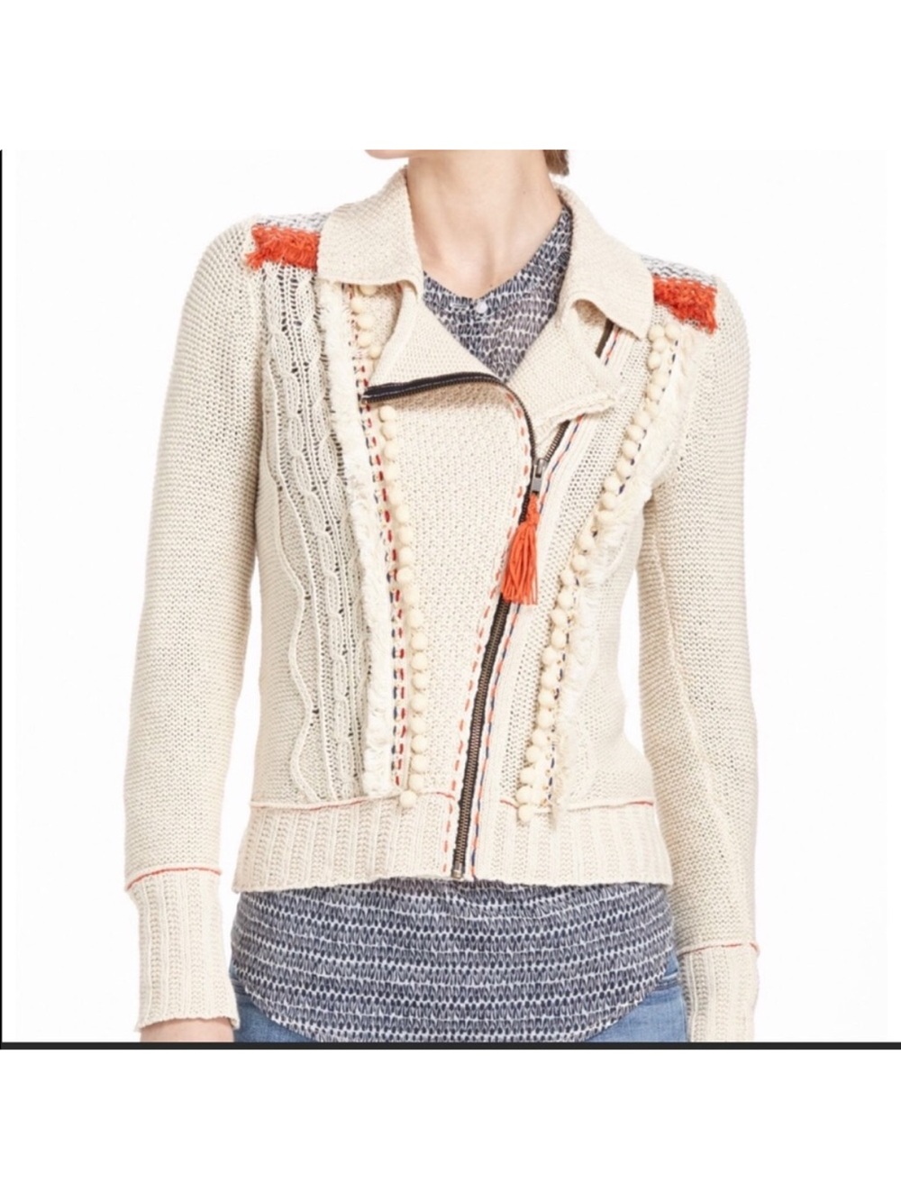 Anthropologie Angel Of The North Cream Orange Cable Knit Pom Pom Sweater Medium